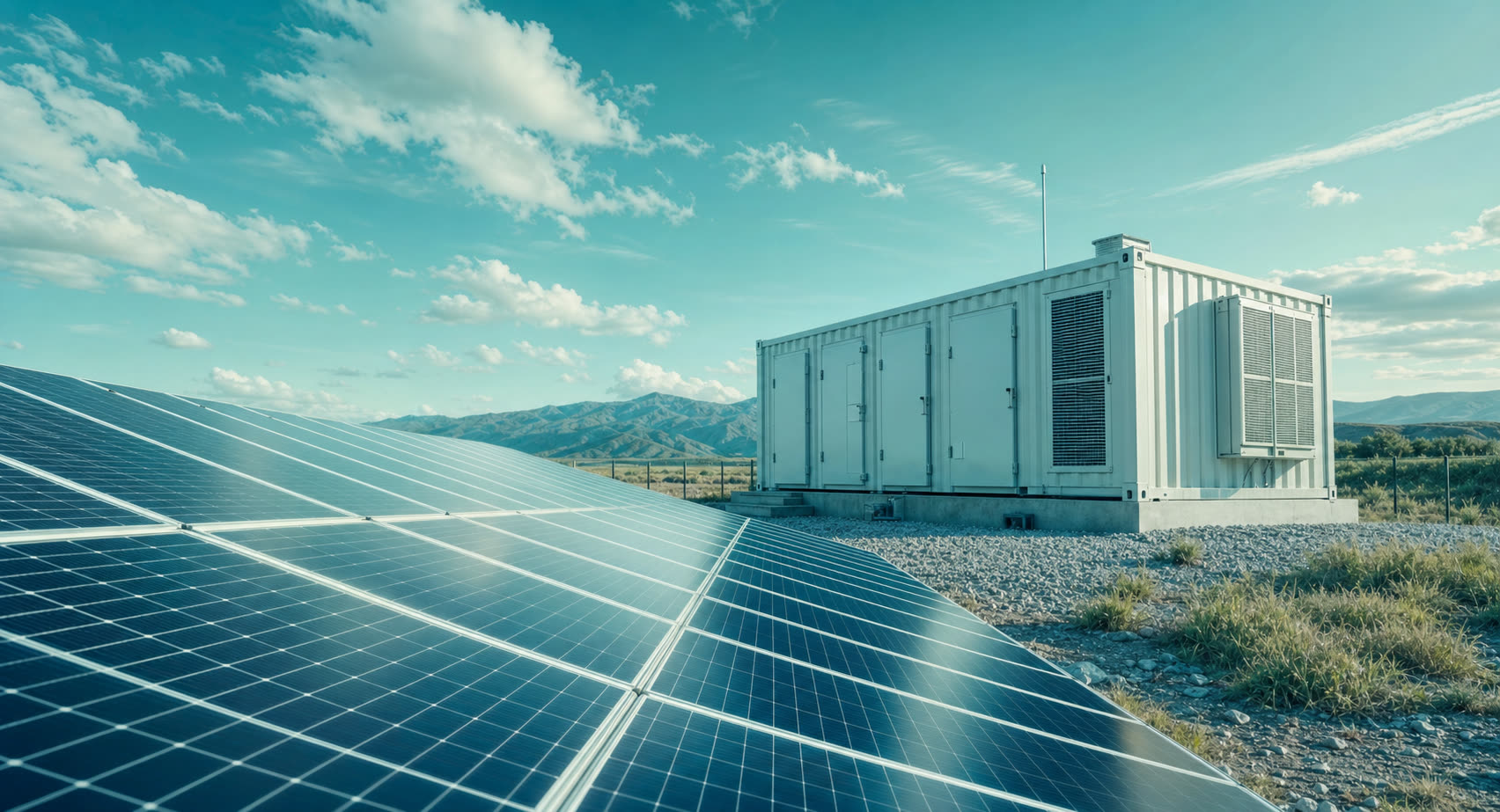 Solar panels in the foreground with a compute pod facility in the background